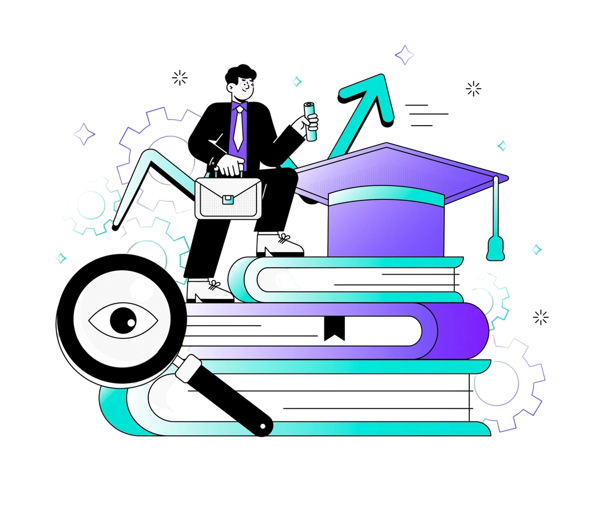 Illustration of a professional on books with a magnifying glass and gears, symbolizing software knowledge.