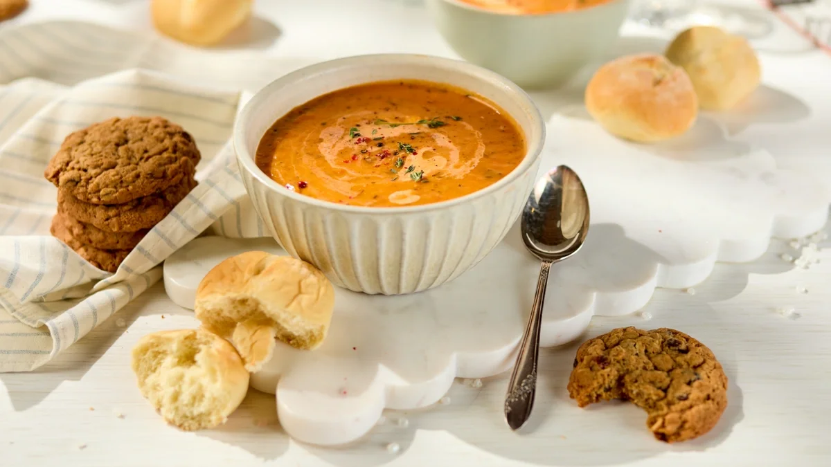 Close-up of a bowl of tomato soup garnished with cream and herbs, surrounded by rolls, cookies, and a spoon on a white serving board.