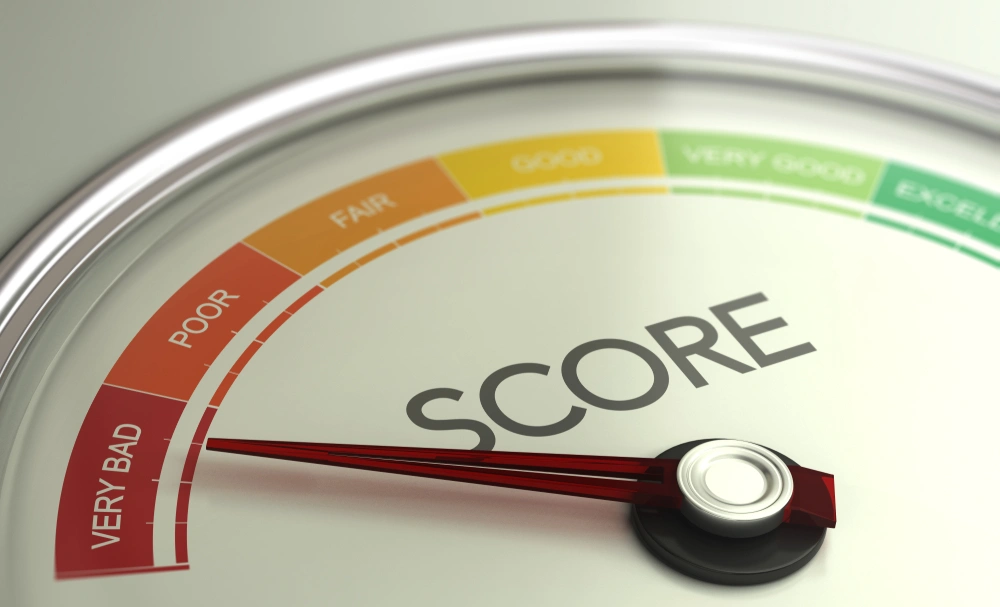 Coloured gauge depicting stages of credit score rating