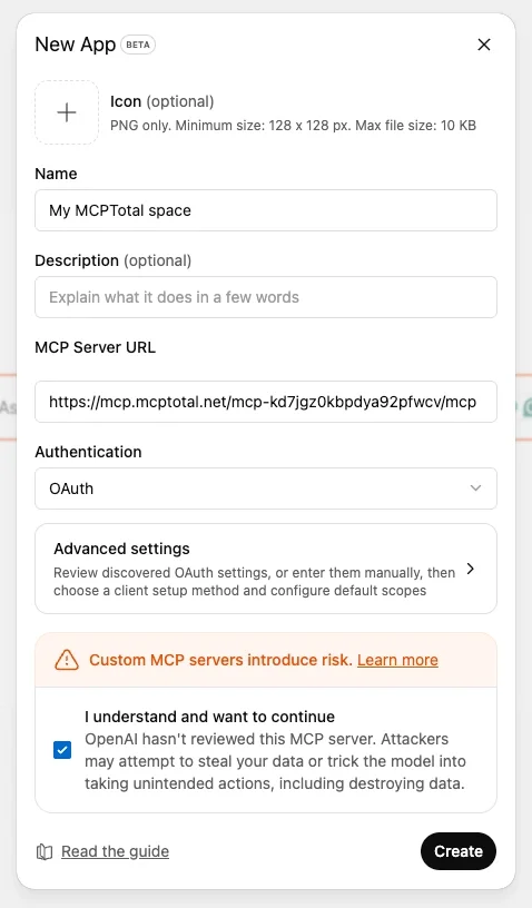 The ChatGPT New App dialog shows the app with a name and the copied value of the MCP server URL with OAuth authentication. The ChatGPT MCP server risk disclaimer is accepted.