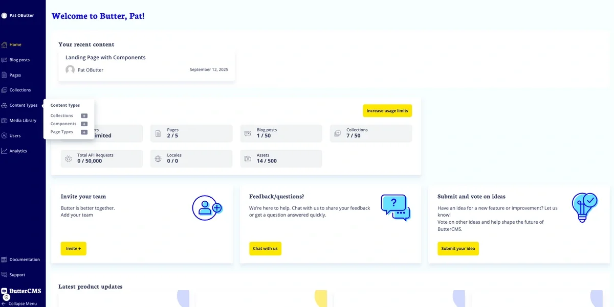 ButterCMS dashboard showing page types