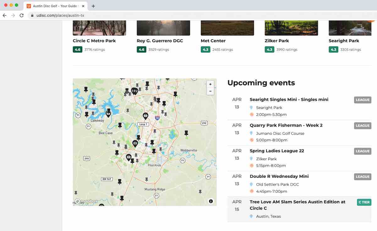 Map filled with disc golf baskets on left and right a list of upcoming events