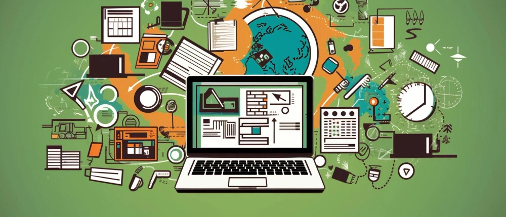 An artistic overhead illustration of a laptop surrounded by a variety of business and educational icons, symbols, and documents, representing a creative or analytical workspace.