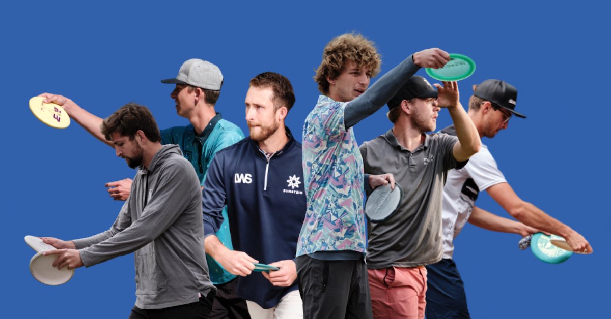 Six male pro disc golfers transposed onto a blue background