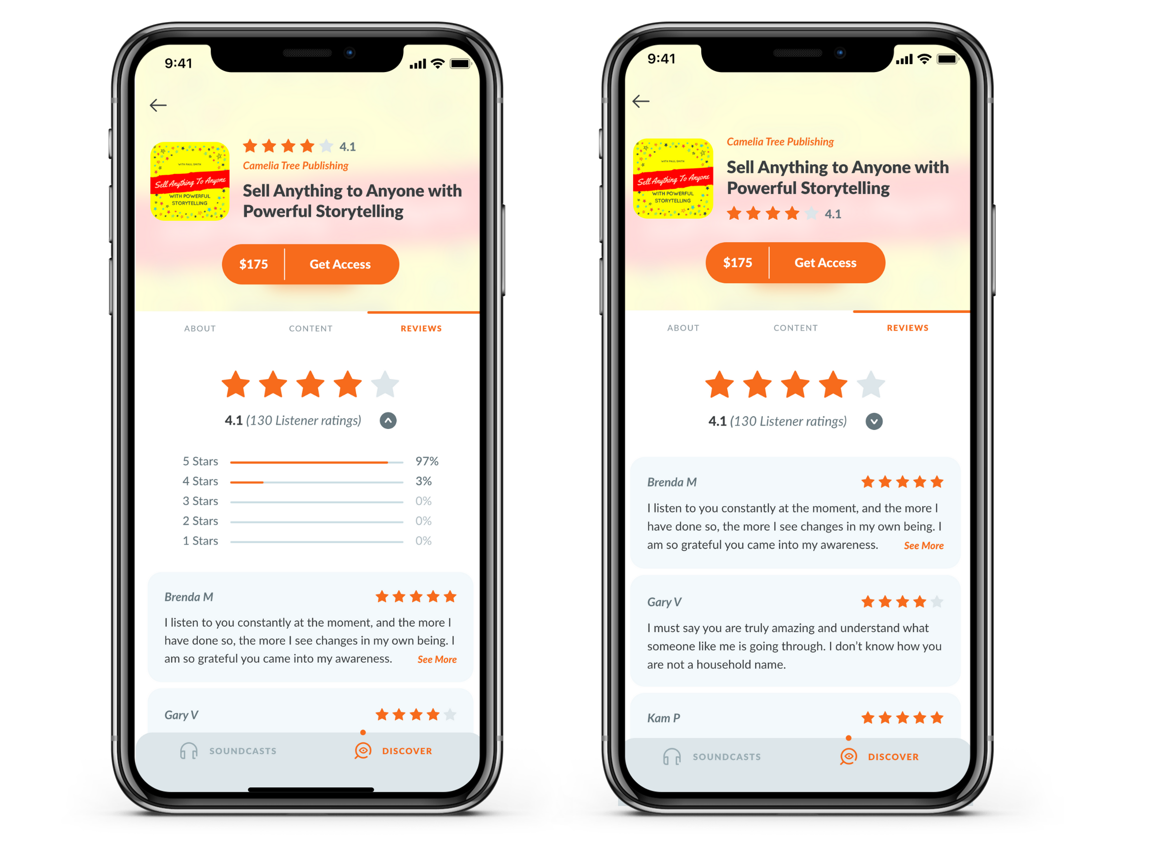 Soundcast landing page with ratings and reviews