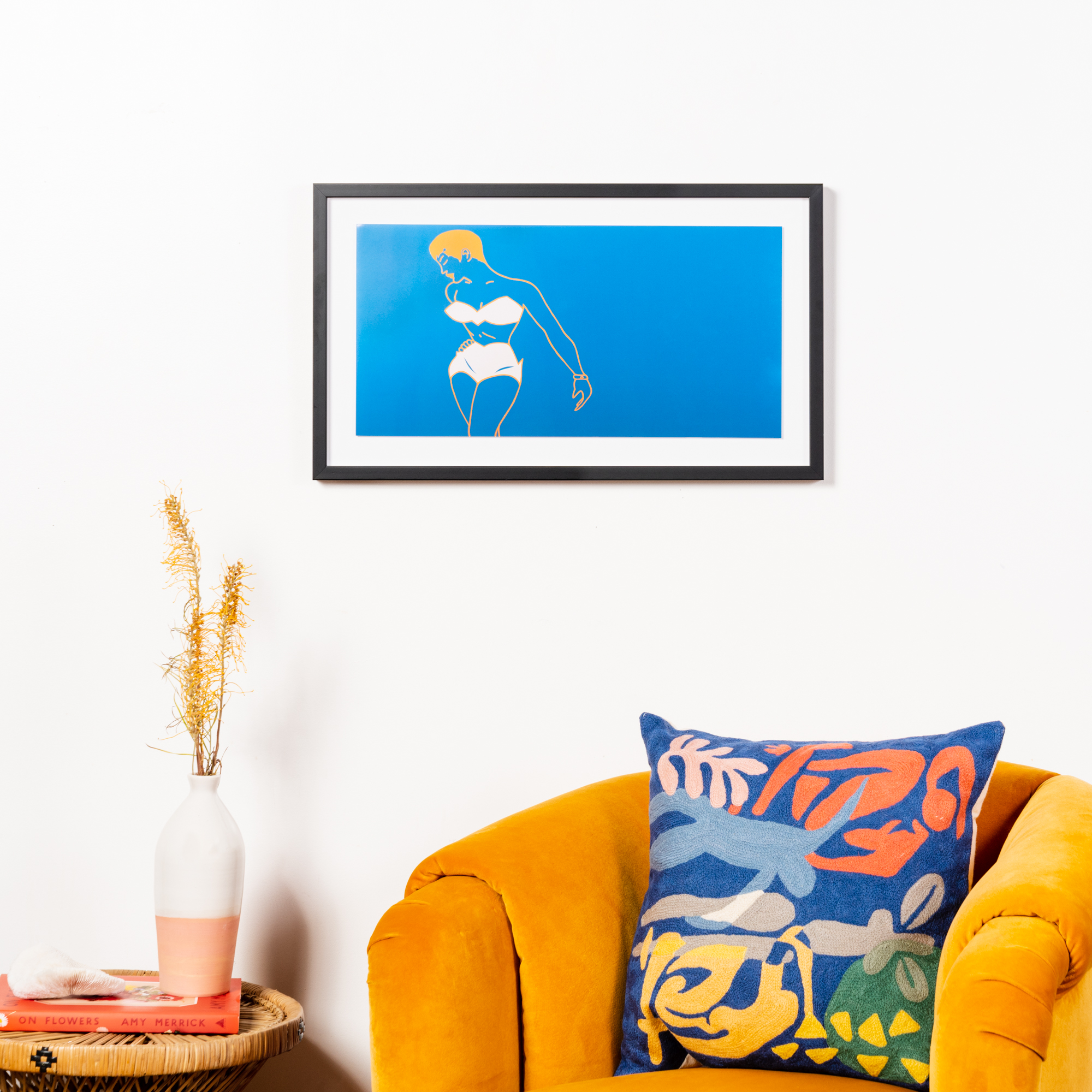 silhouette with blue background in black frame