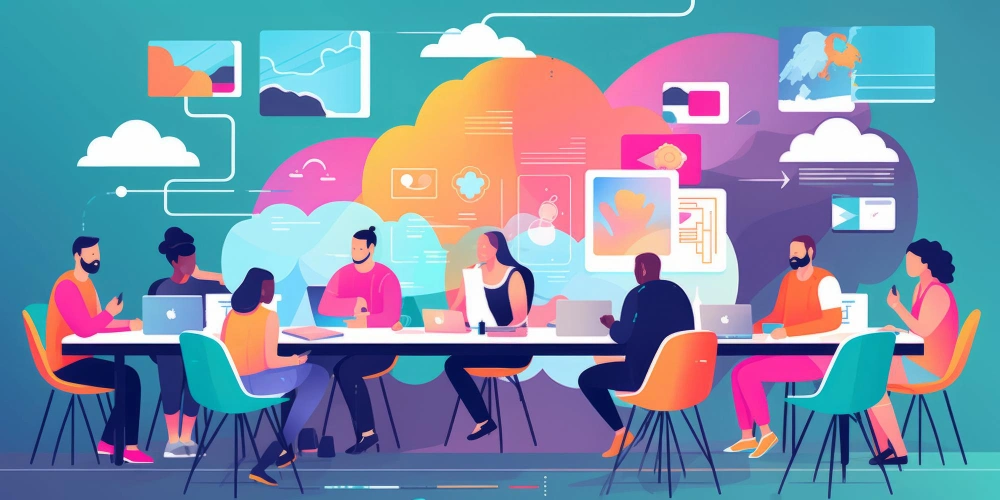 Diverse team collaborating around a table with digital strategy and cloud computing graphics in the background.