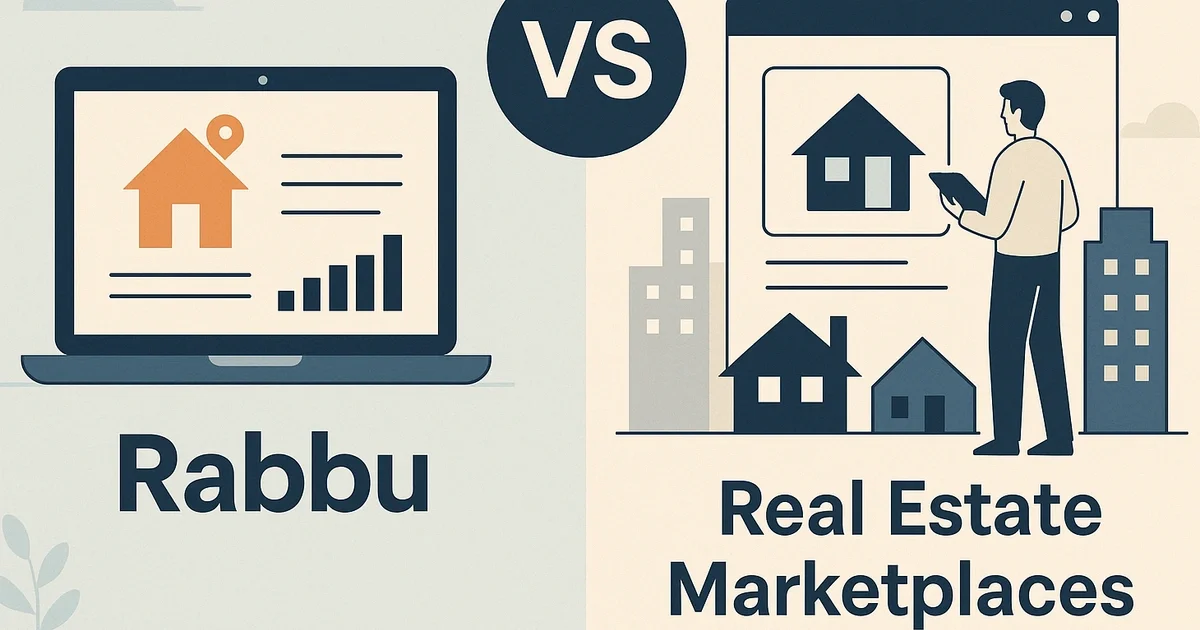 A split-screen illustration comparing Rabbu’s data-driven Airbnb investment platform with a traditional real estate marketplace interface.