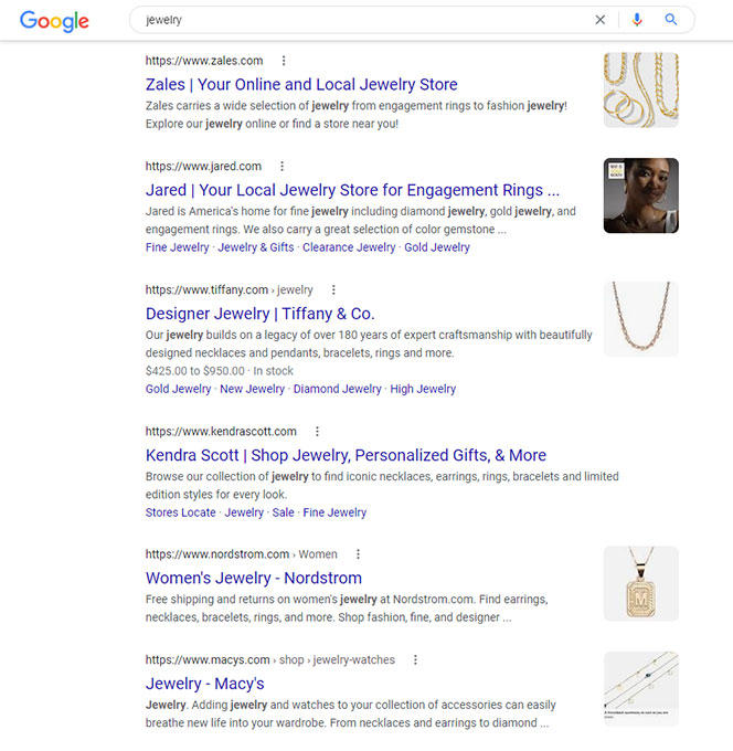 Screenshot of Google search for jewelry
