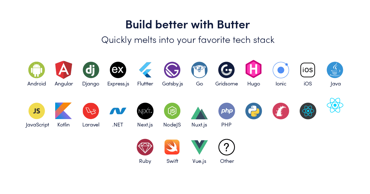 All the languages and frameworks supported by buttercms