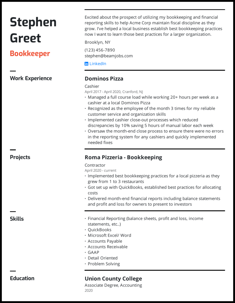 2021 Bookkeeper Resume Guide Plus 4 Examples