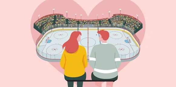 Illustration of a couple at a hockey game on a light pink background with a heart