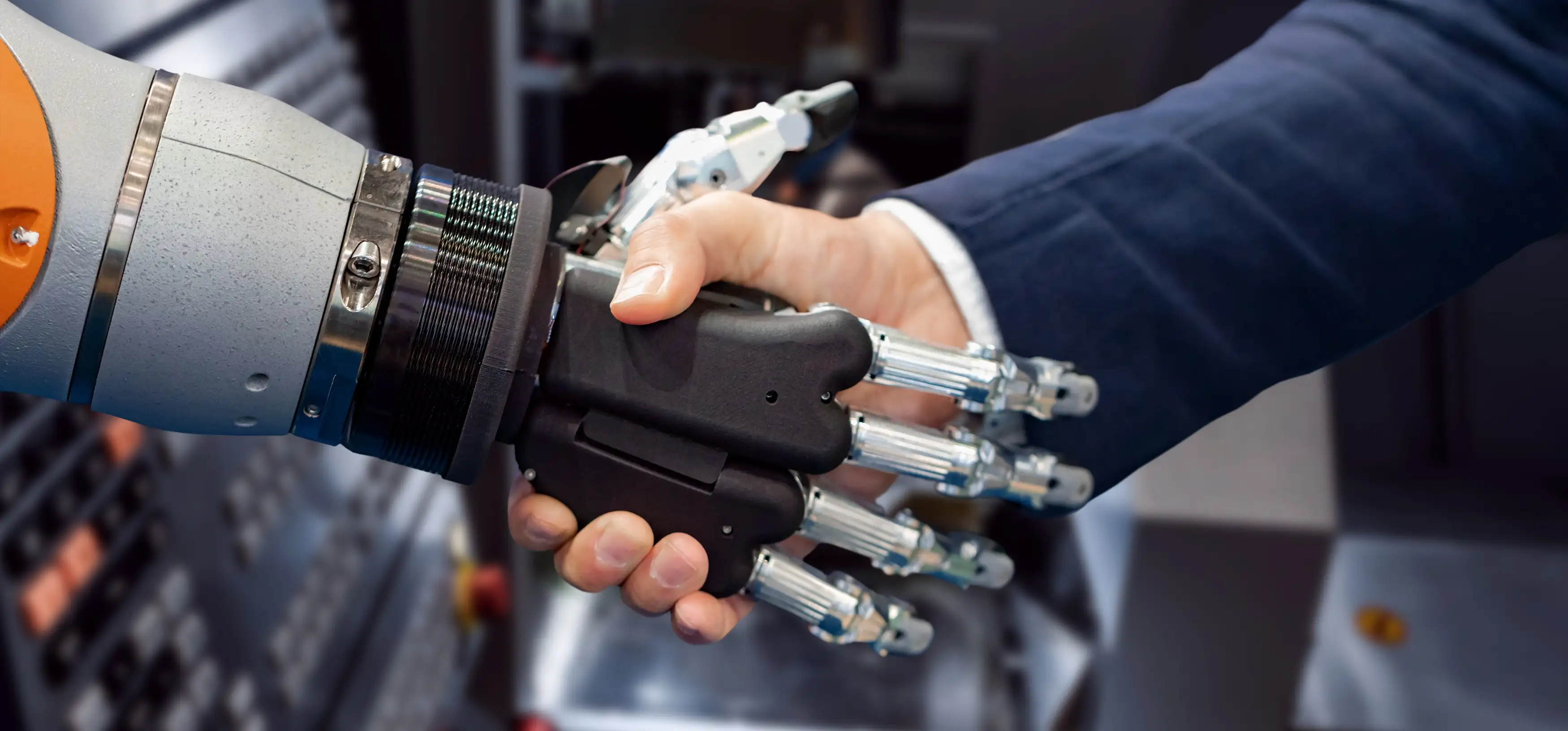 Human and AI collaboration handshake representing managed technical teams