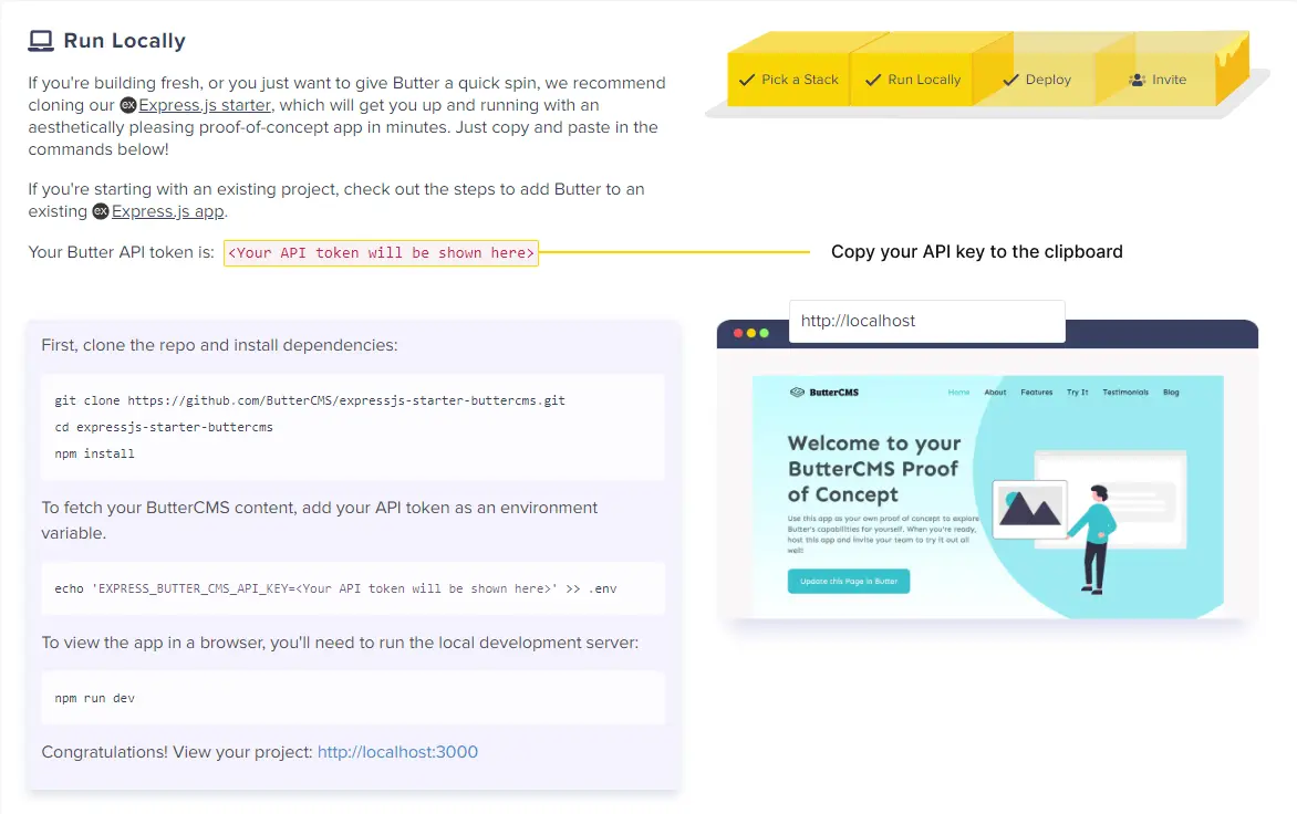 API token on the Run Locally step of the ButterCMS onboarding sequence 