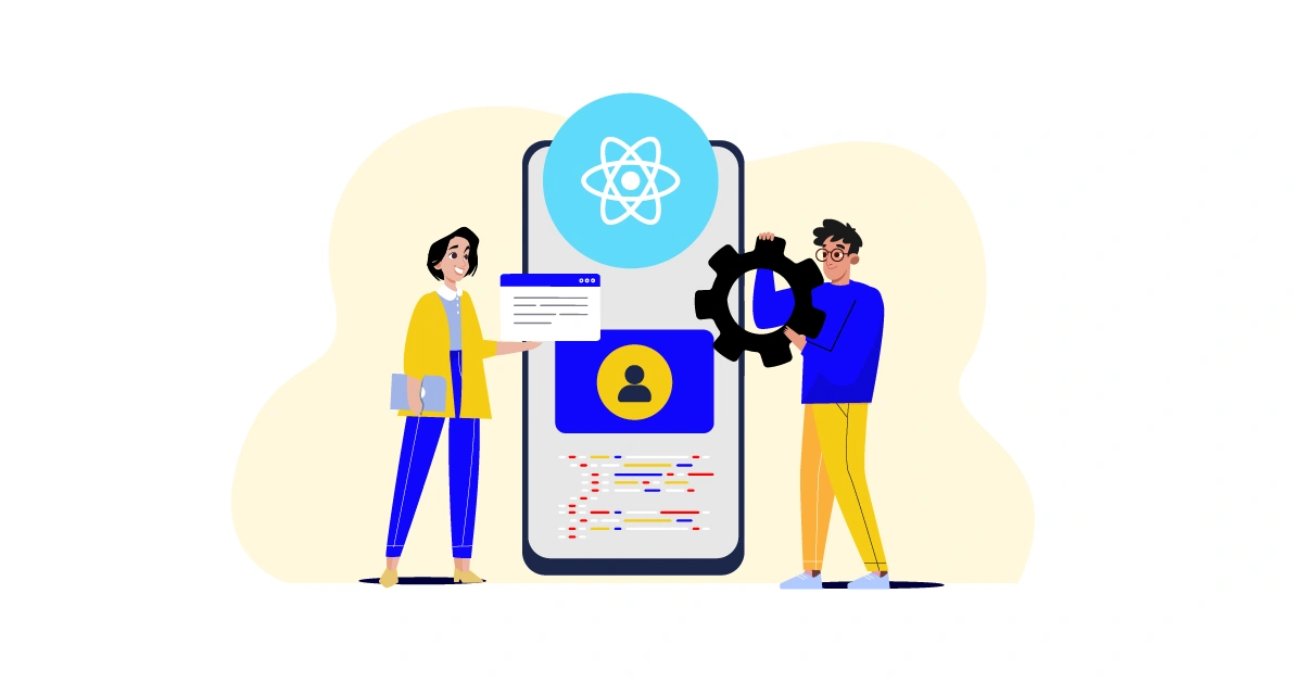 Two people by a phone with a React Native logo on it