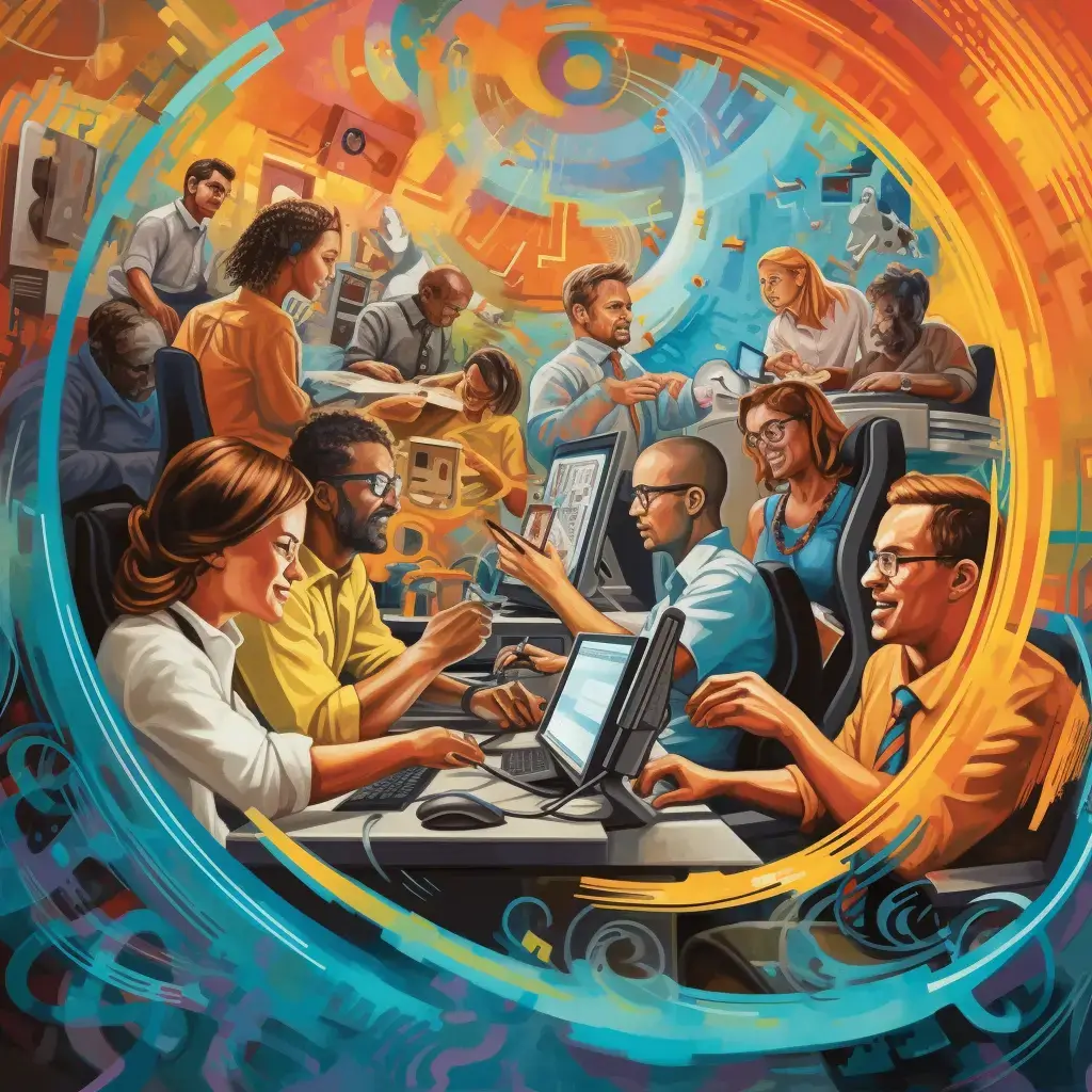 A dynamic, energetic painting showcasing a successful team implementing customer service software in their workspace.