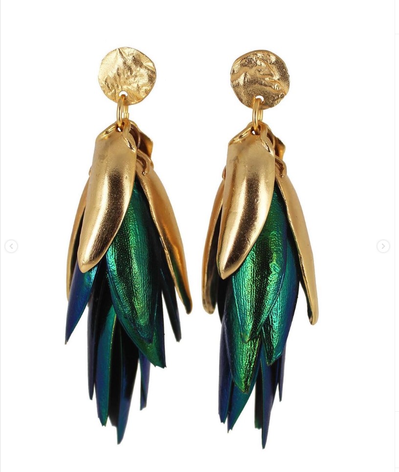 Green and Gold petal shaped dangling earrings