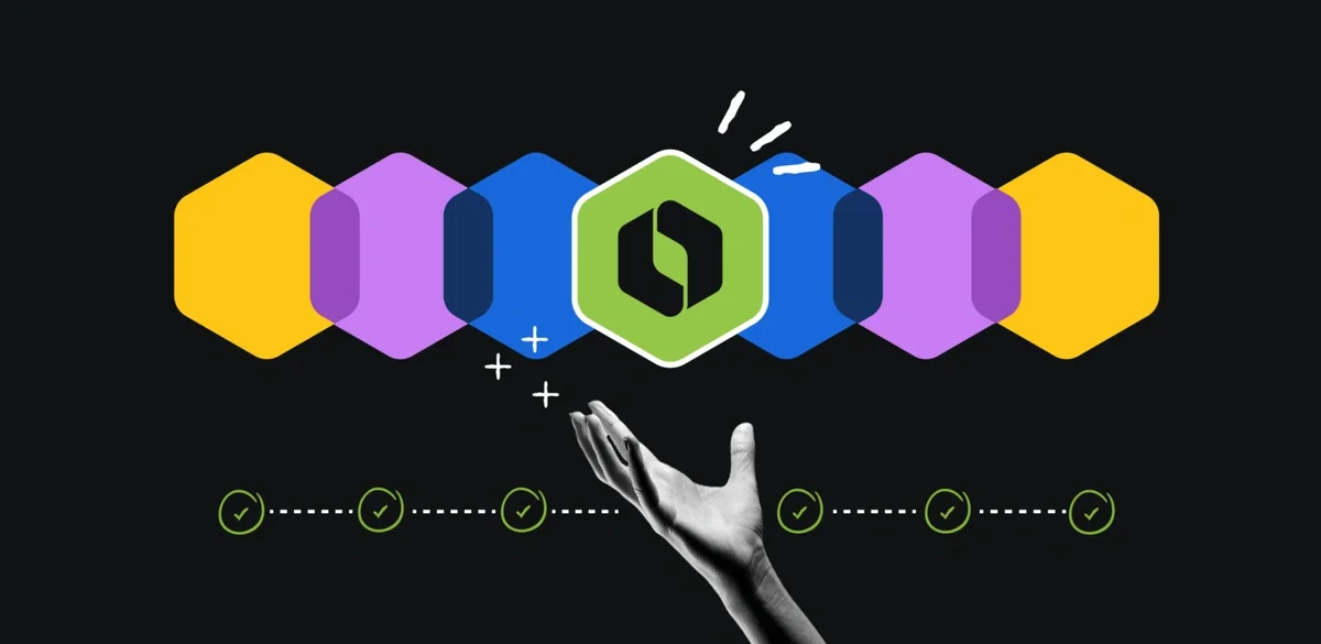 Colorful hexagon icons with a central green logo above a hand, representing workflow stages with check marks.