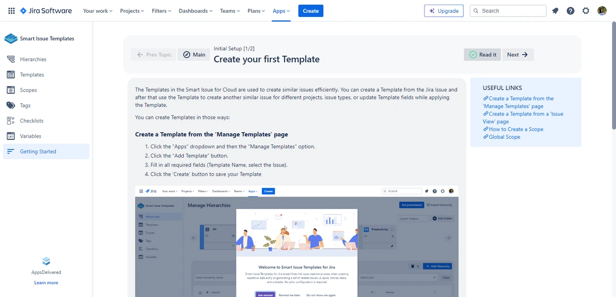 Screenshot of Jira Software showing the 'Create your first Template' guide with instructions and a visual diagram of the template management interface.