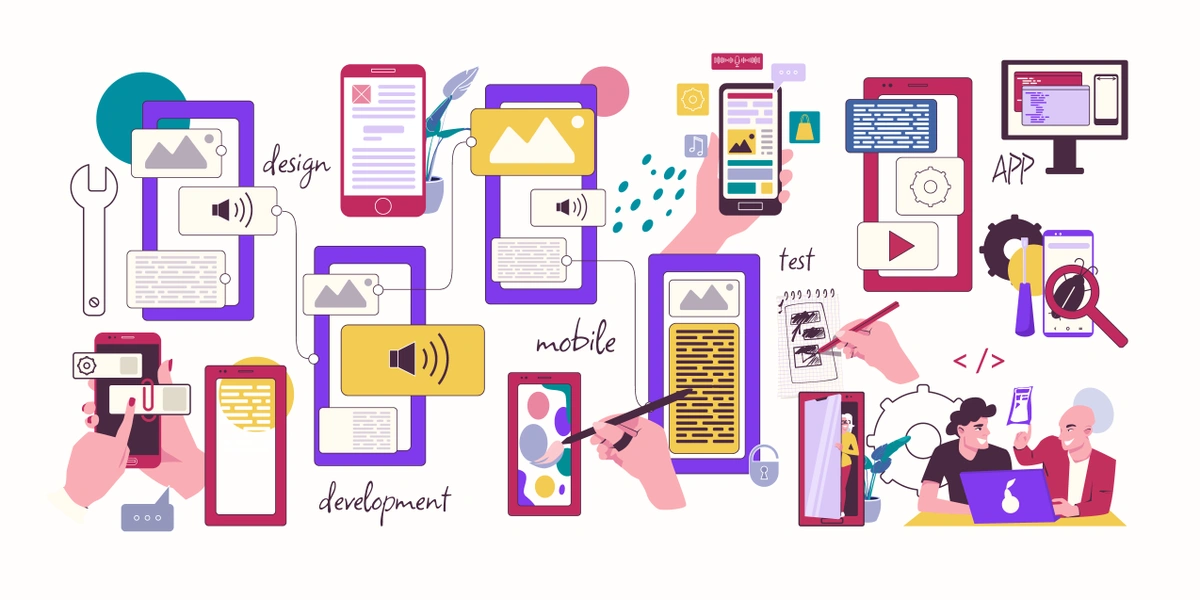 a colorful and dynamic representation of app design and development concepts. It features various mobile devices and computer screens with graphics symbolizing the design, testing, and development phases of app creation. Tools, gears, and coding elements are scattered throughout, suggesting the technical and creative processes involved.