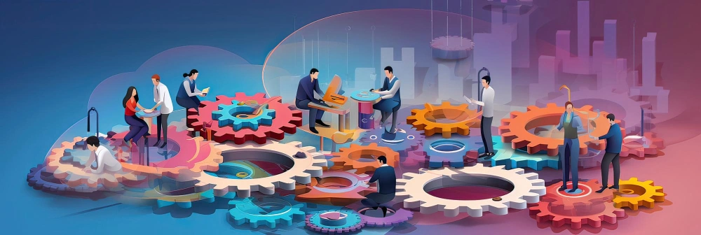 Isometric view of people collaborating on interconnected gears, symbolizing teamwork in a tech environment.
