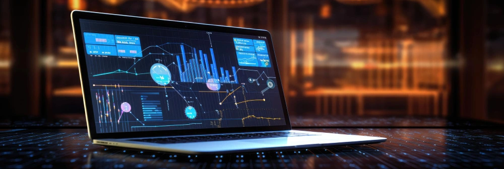 A laptop displaying a complex data dashboard with graphs and analytics, set against a background with server racks, symbolizing network management or cyber security.