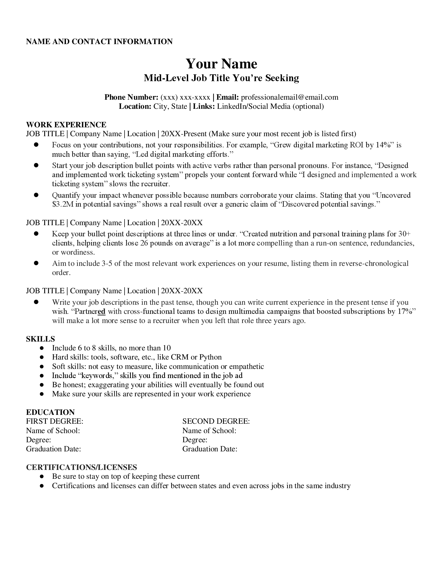 Basic resume outline example for mid-level job seekers