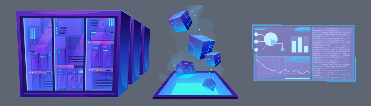 A digital illustration of a server rack displayed in a glass cabinet with various lights and cables, suggesting a data center or network server room environment. There's an abstract depiction of data transfer, with cubic shapes flowing from the server towards a screen displaying graphs and text, symbolizing data analysis or cloud computing technology.