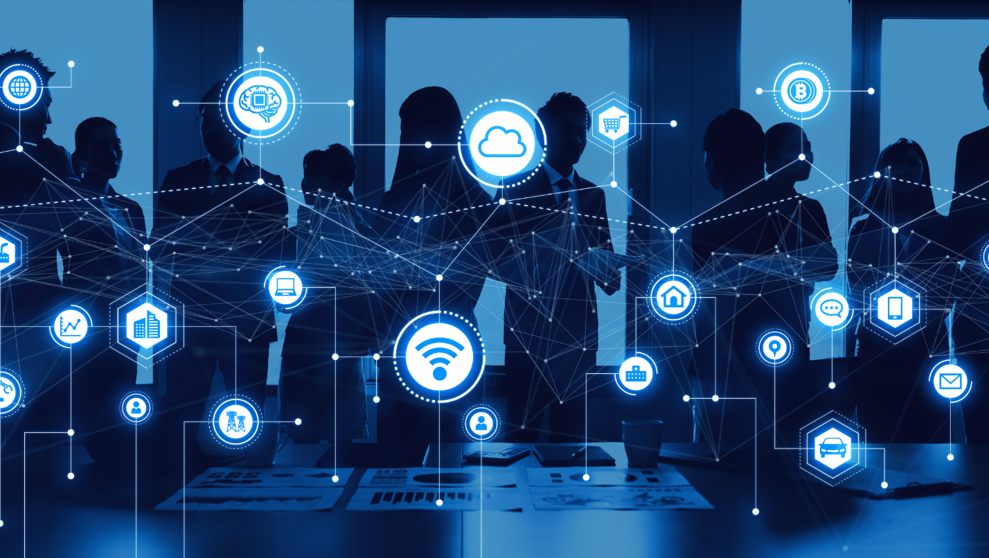 An illustration of a business meeting with silhouetted figures, showcasing digital icons such as a cloud, gears, Wi-Fi signal, padlock, and graphs, all connected by dotted lines to represent technology and connectivity within a corporate environment.