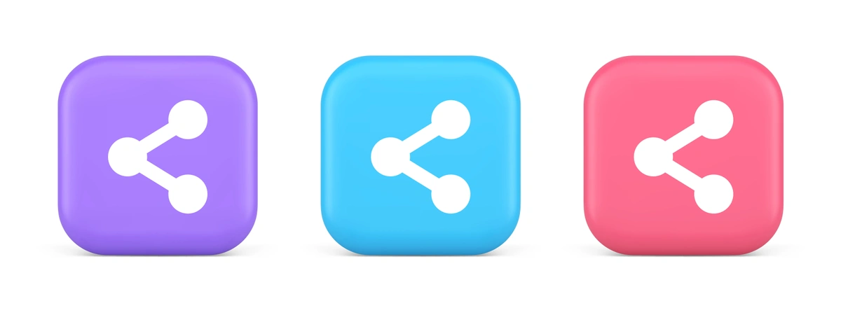 Three rounded square icons in purple, blue, and red, each with a white share symbol in the center, representing social media or file-sharing applications.