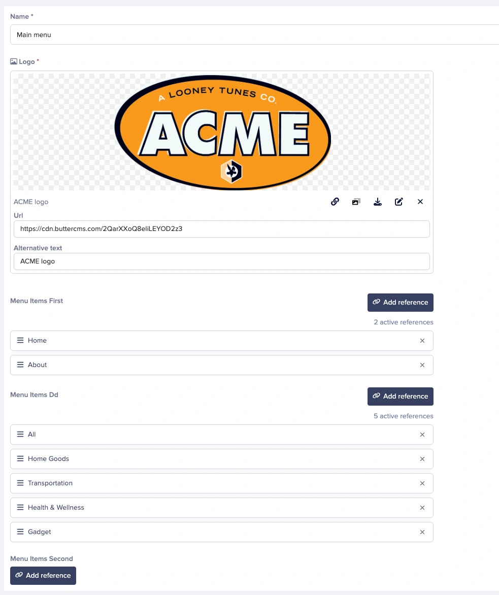 ACME main menu navigation collection