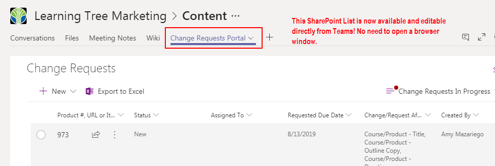 change request portal on teams