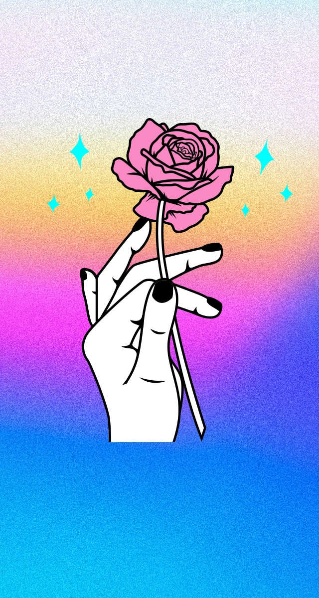 An illustration of a hand holding a rose.