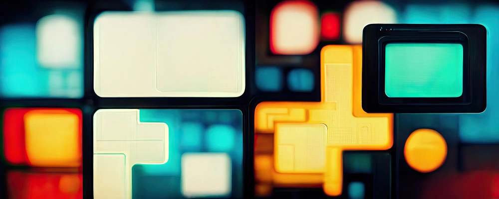 An abstract background featuring a mosaic of glowing, colored shapes with empty rectangular spaces, suggesting a futuristic or technological theme.