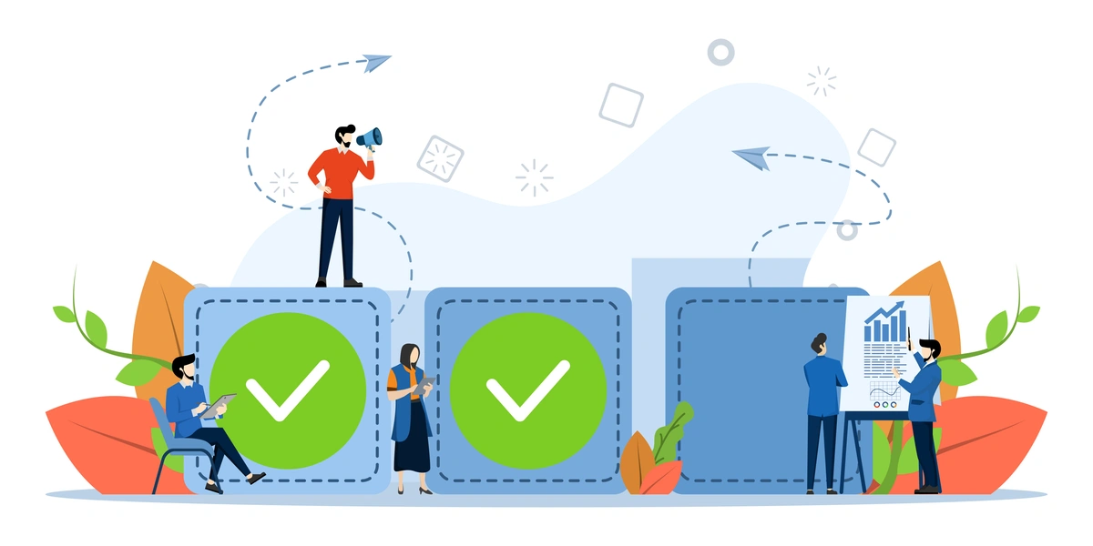 An illustration of a team working on and around large checkmarked blocks, representing project management, task completion, and team collaboration in a workflow environment.