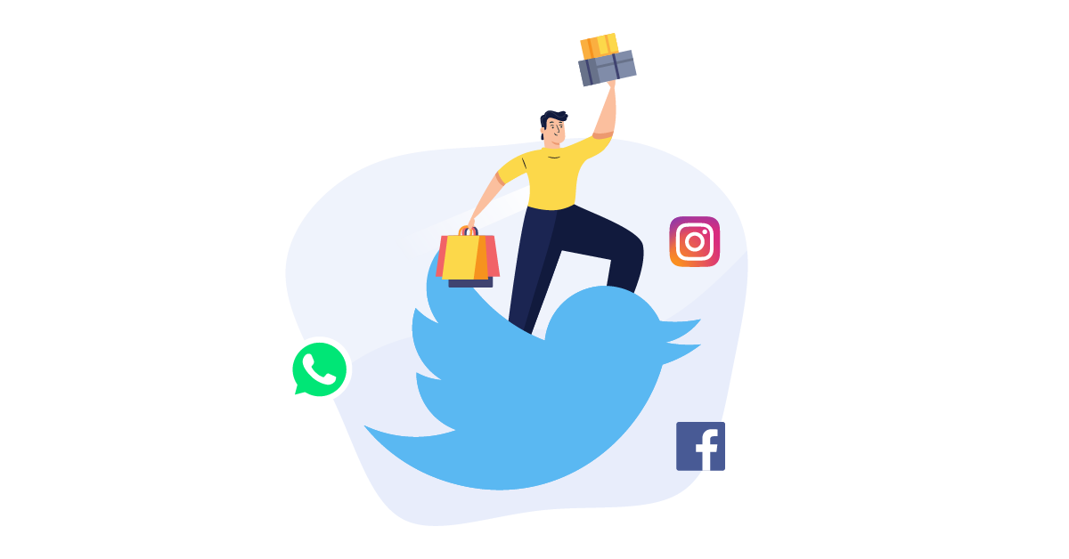 Illustration: A man riding the blue bird Twitter logo while holding a bunch of gifts and purchases.