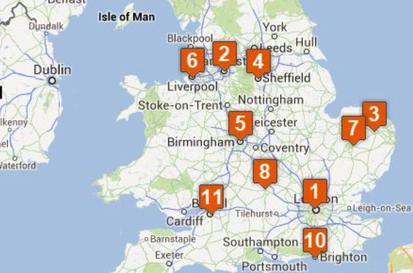 UK map showing the top 10 cities for planning applications