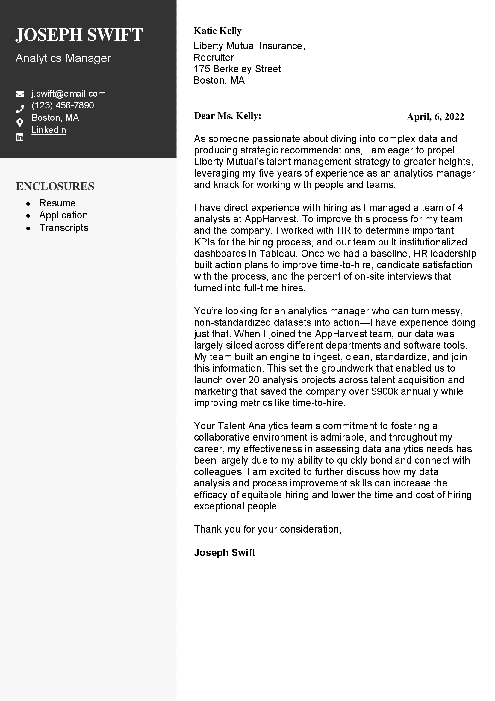 Analytics manager cover letter with black contact header