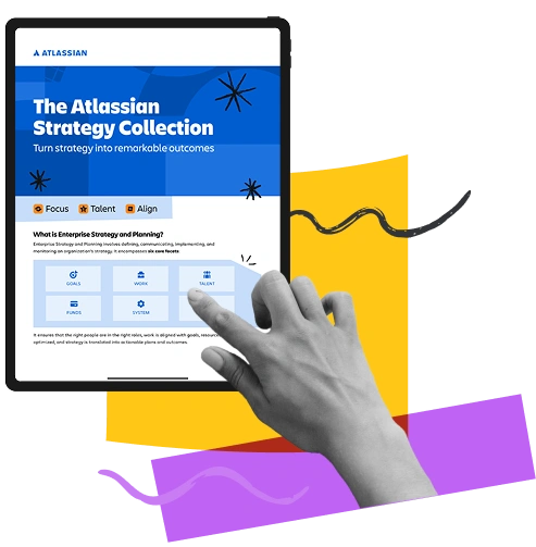 Illustration of a hand interacting with a tablet displaying the Atlassian Strategy Collection, highlighting focus, talent, and alignment for enterprise strategy.