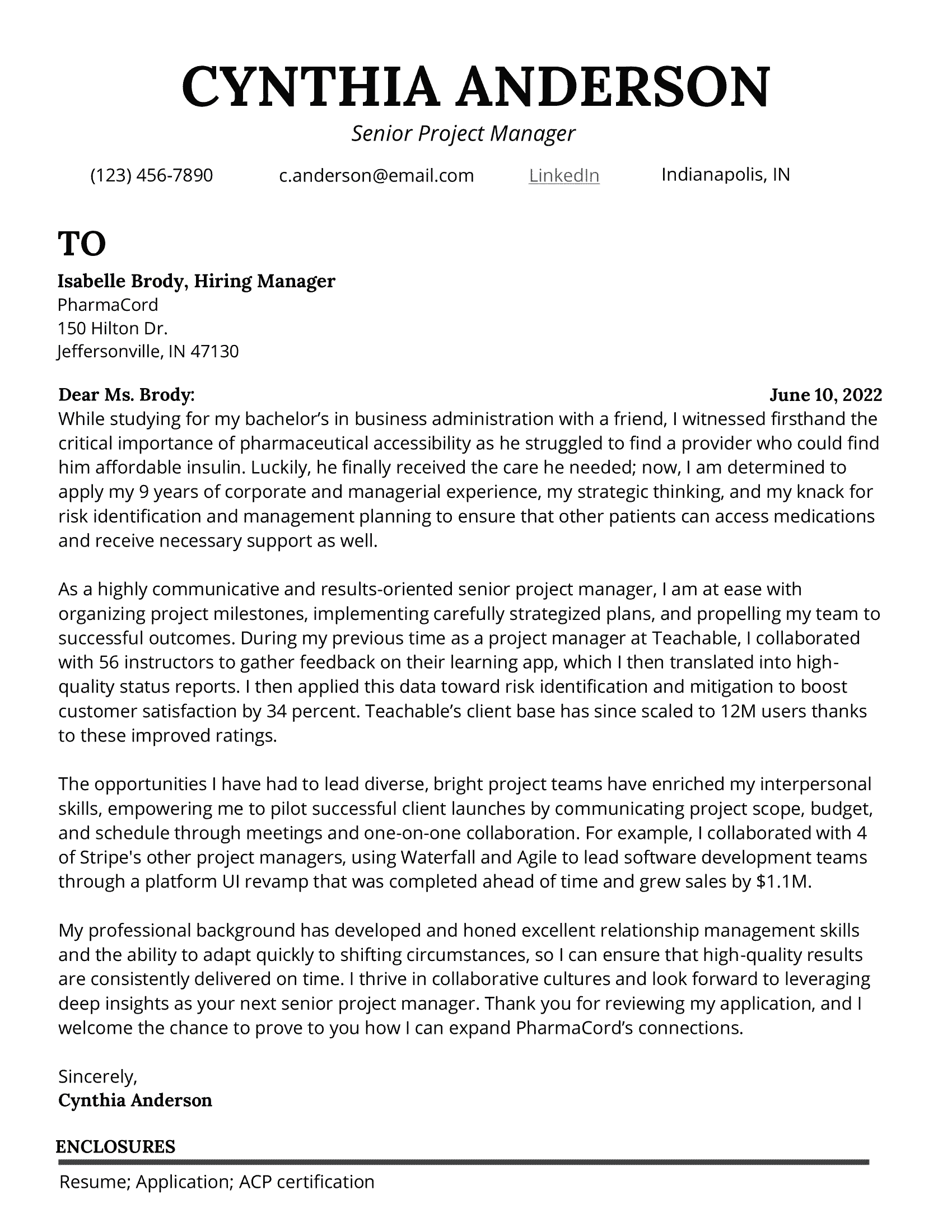 Senior project manager cover letter