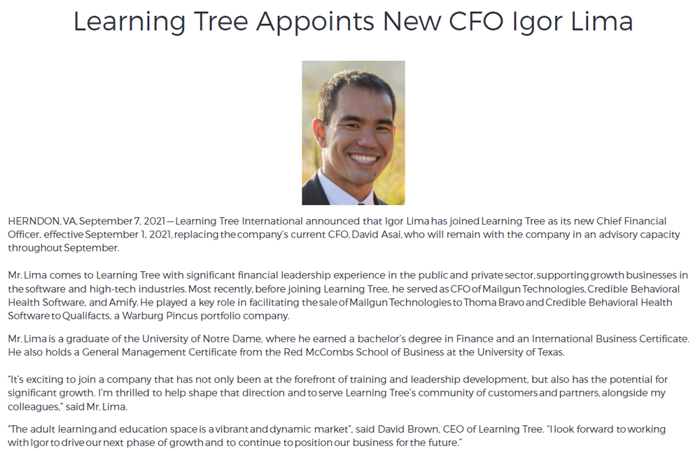 Learning Tree Appoints New CFO Igor Lima 