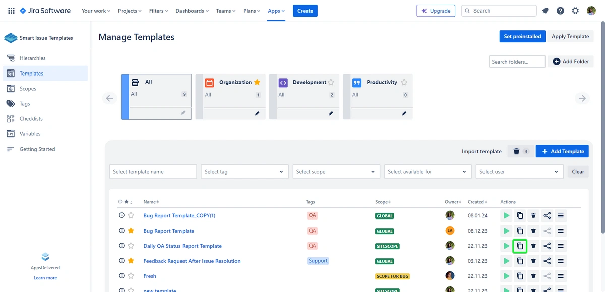A screenshot of the Jira Software 'Manage Templates' page showing a list of issue templates with tags and scopes, along with options to import or add new templates.