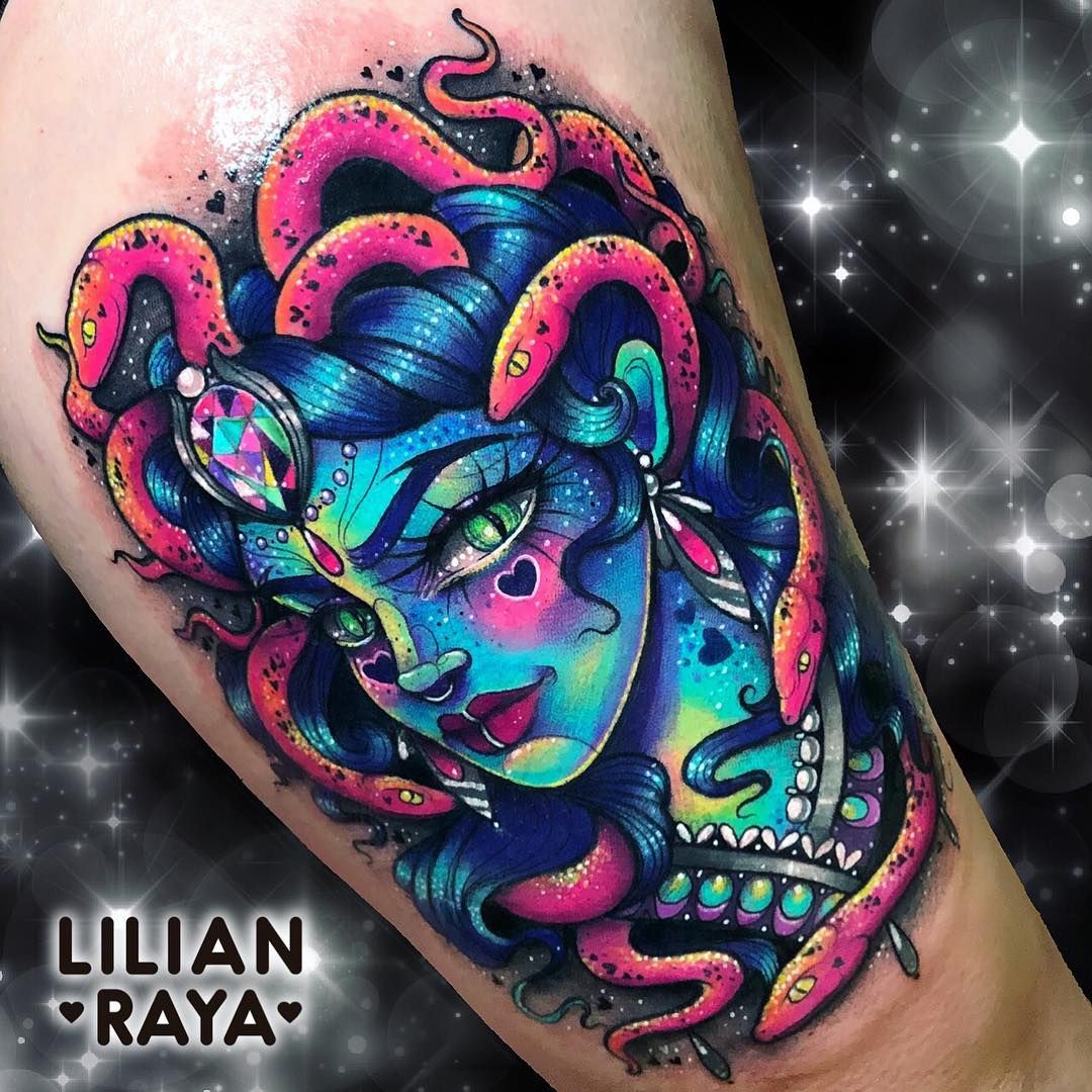 colorful new school illustrative medusa tattoo by lilian raya