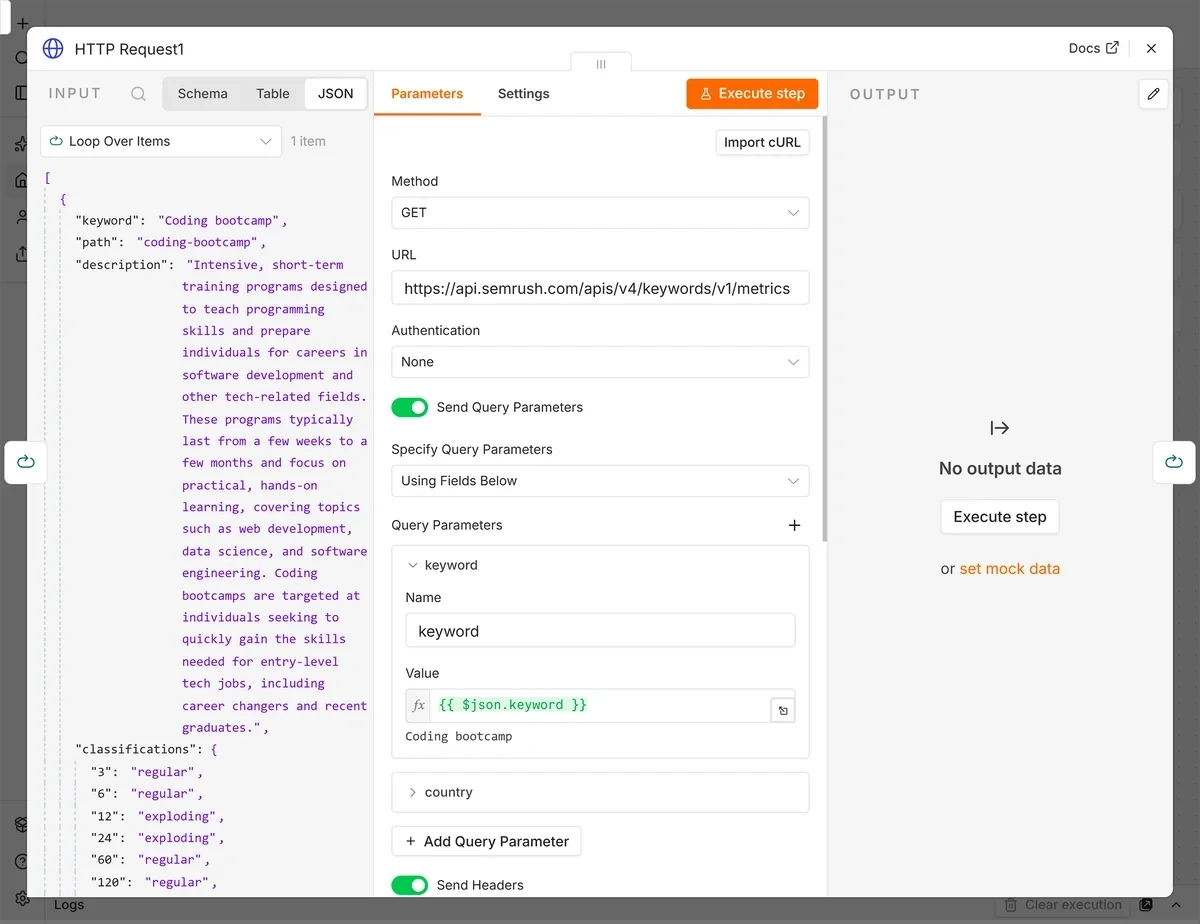 Adding a dynamic keyword parameter to a Semrush API request in an n8n HTTP Request node