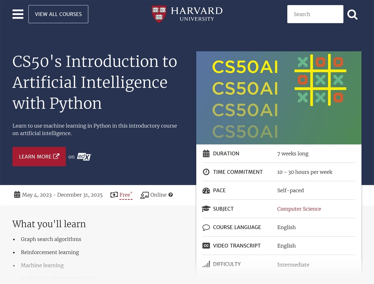 Harvard CS50 intro to AI with Python course homepage
