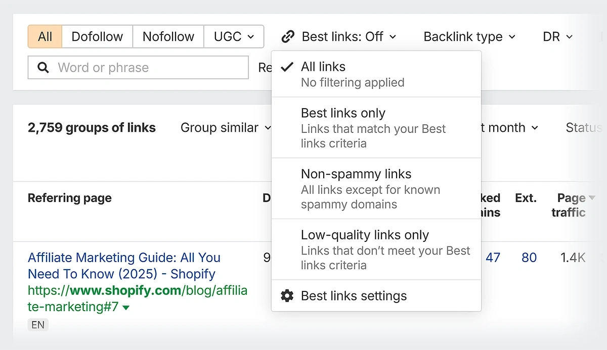 ahrefs best links filter