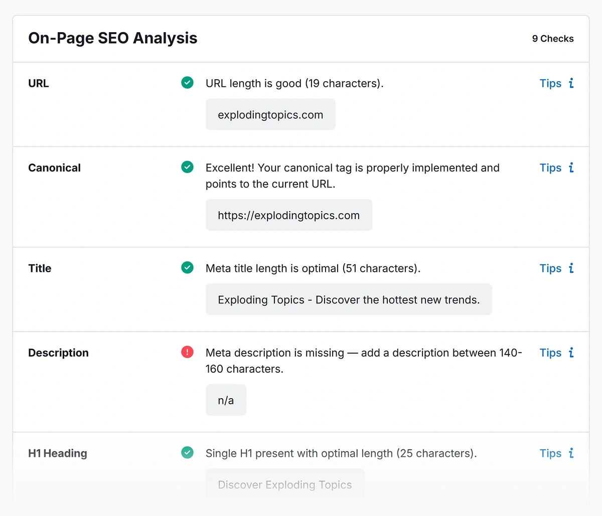 An example of on-page SEO analysis data