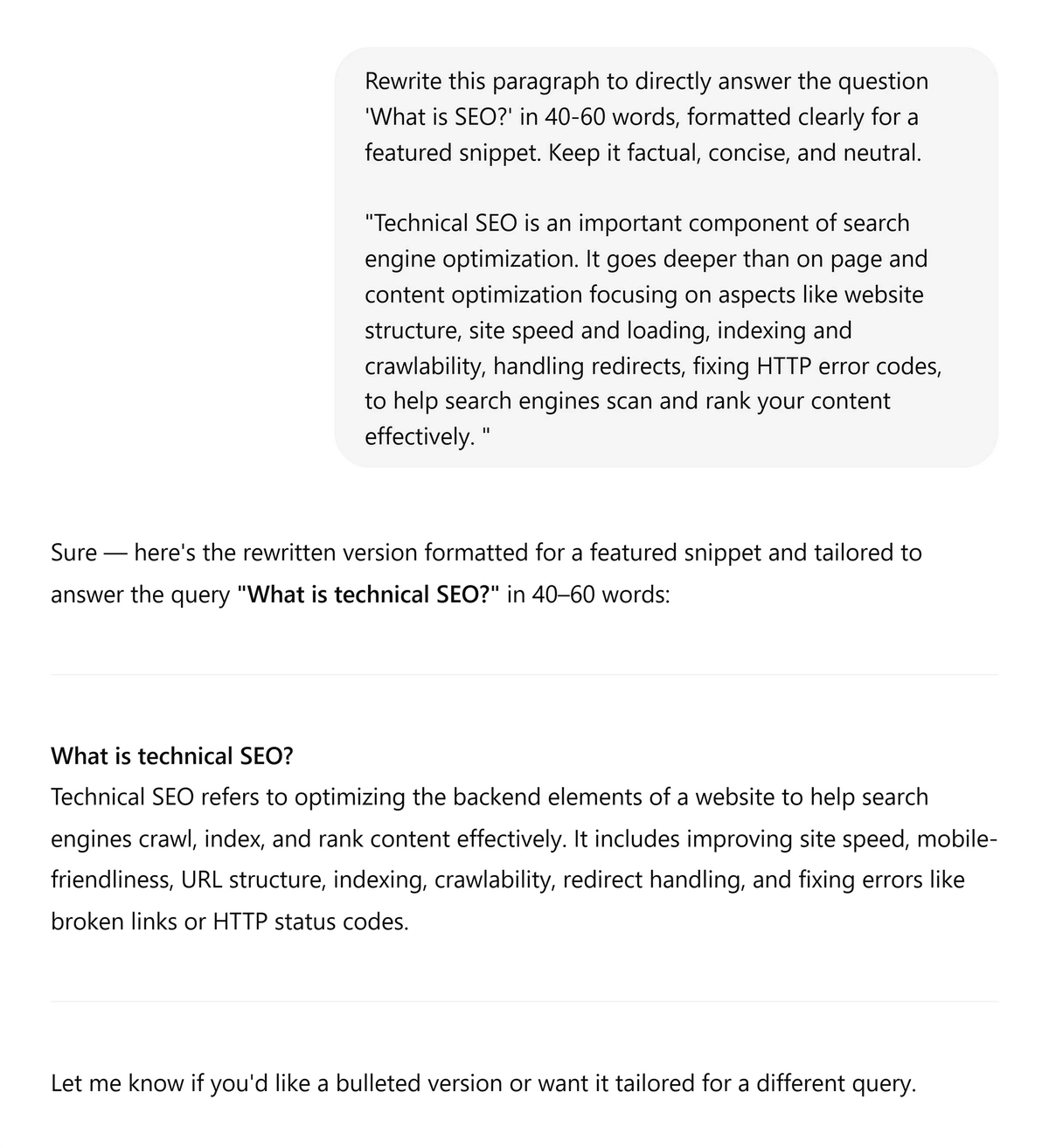 ChatGPT rewriting a paragraph with better optimization for a featured snippet