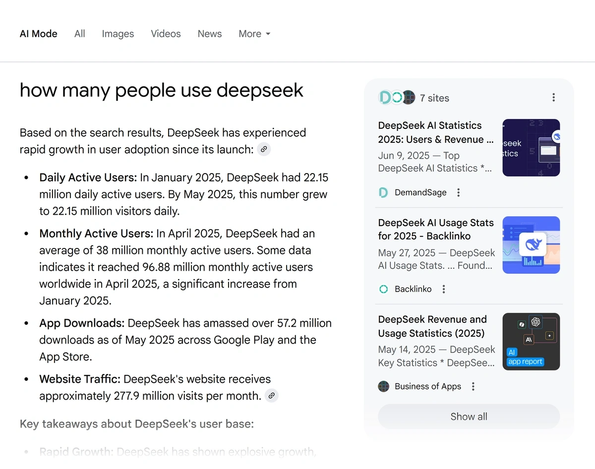 A Google AI Mode result says "SEO trends for 2025" and lists several examples with links.
