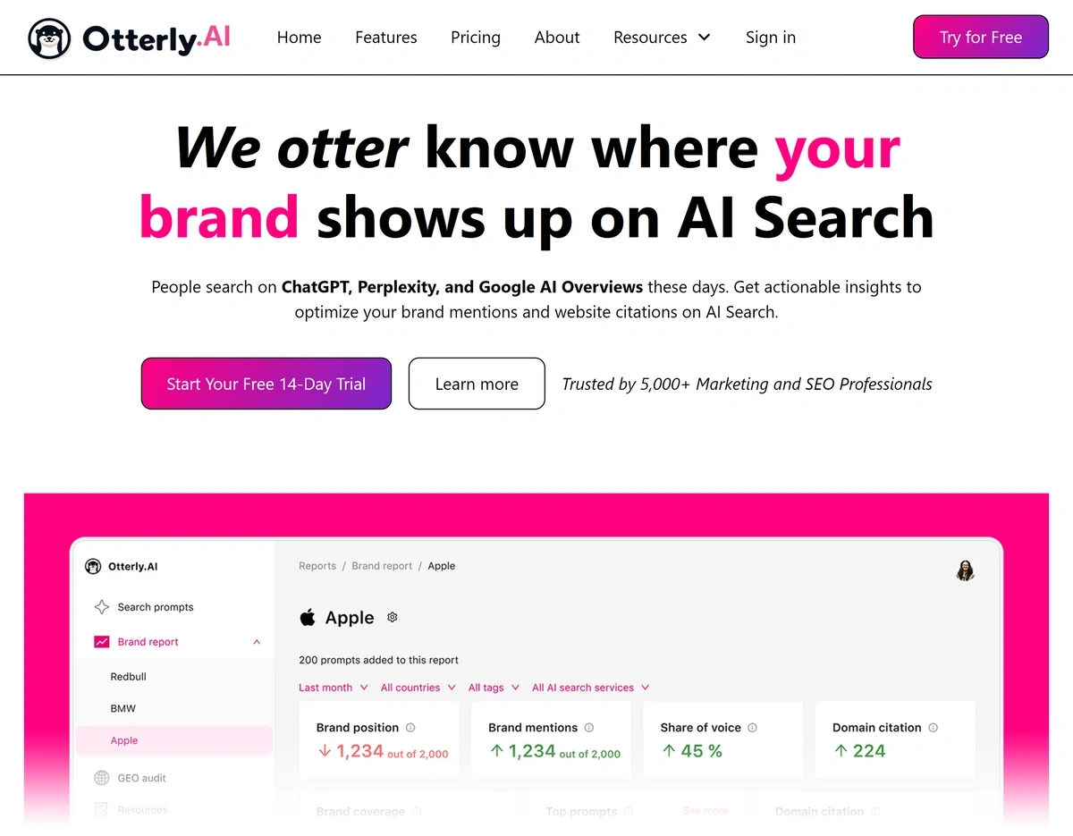 The Otterly.ai home page advertises tracking brand positioning for AI search